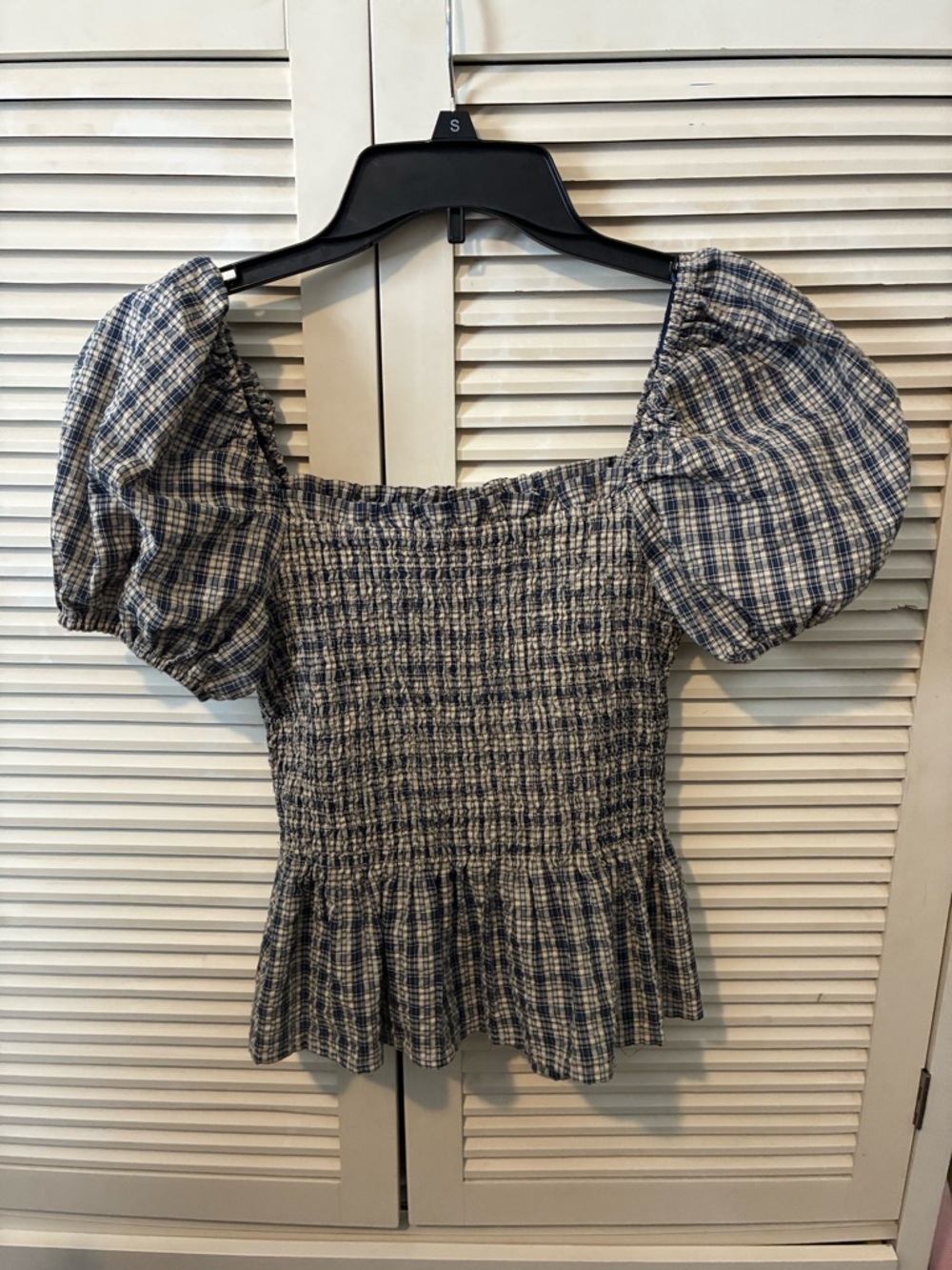 mine Blue Plaid Smocked Puff Sleeve Peplum Top